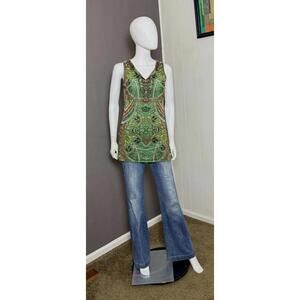 Y2K Green Paisley Sleeveless Mesh Tunic Top with Embellished Neck from INC sz M